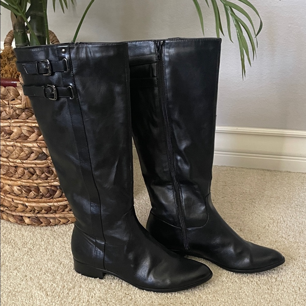 Black Knee High Riding Boots • Buckle Detail • Western Equestrian Stacked Heel